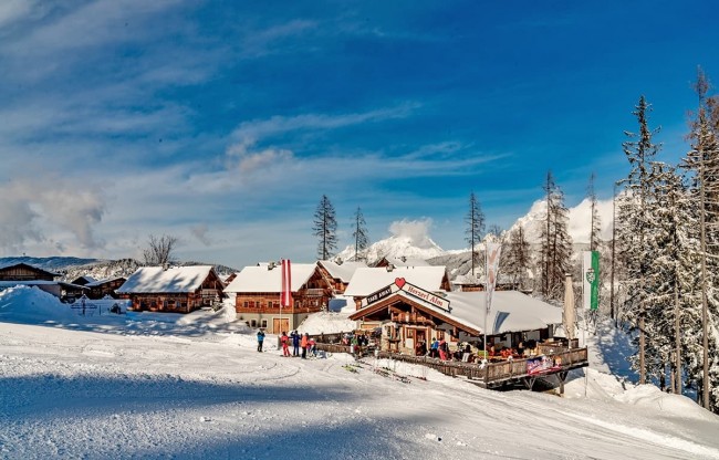 Ski hut and Après-Ski bar Herzerl Alm in the middle of the ski resort Reiteralm mountain