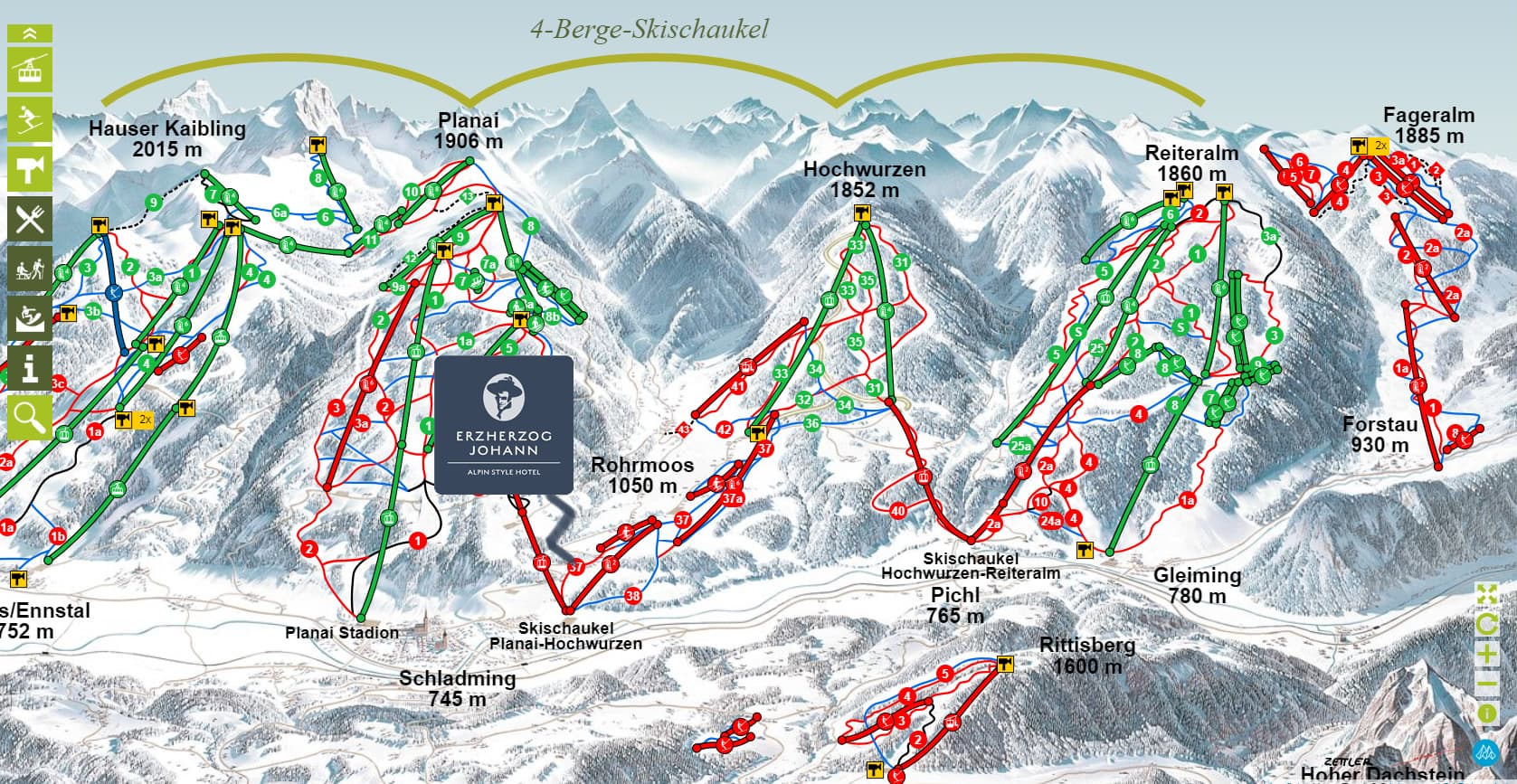 Skipanorama 4-Berge-Skischaukel und mittendrin das Skihotel Erzherzog Johann direkt an der Piste