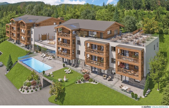 Familienresort appartements suitenhotel schladming visualisierung sommer pool 