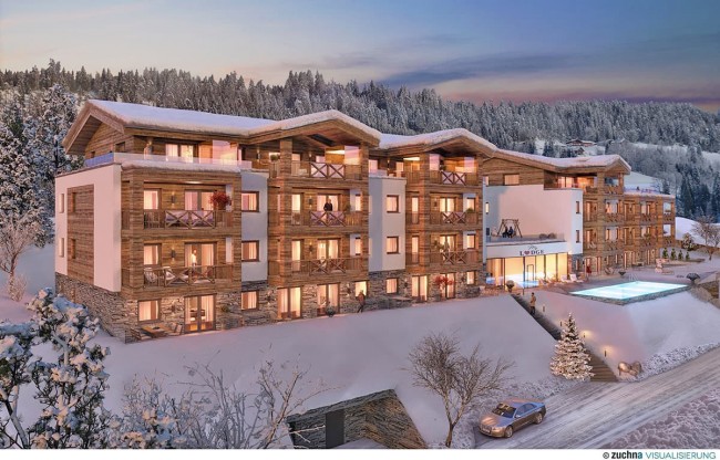 Familienresort appartements suitenhotel schladming visualisierung winter daemmerung 