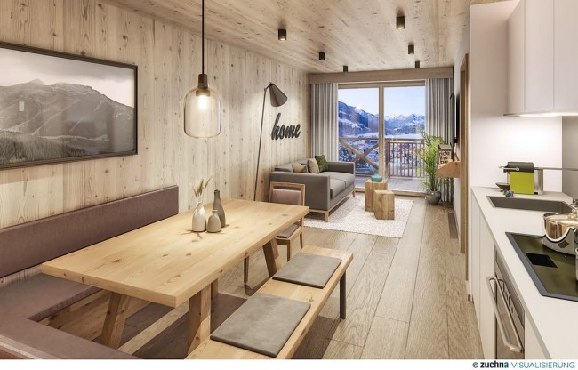 Familienresort appartements suitenhotel schladming visualisierung wohnbereich stadtblick 