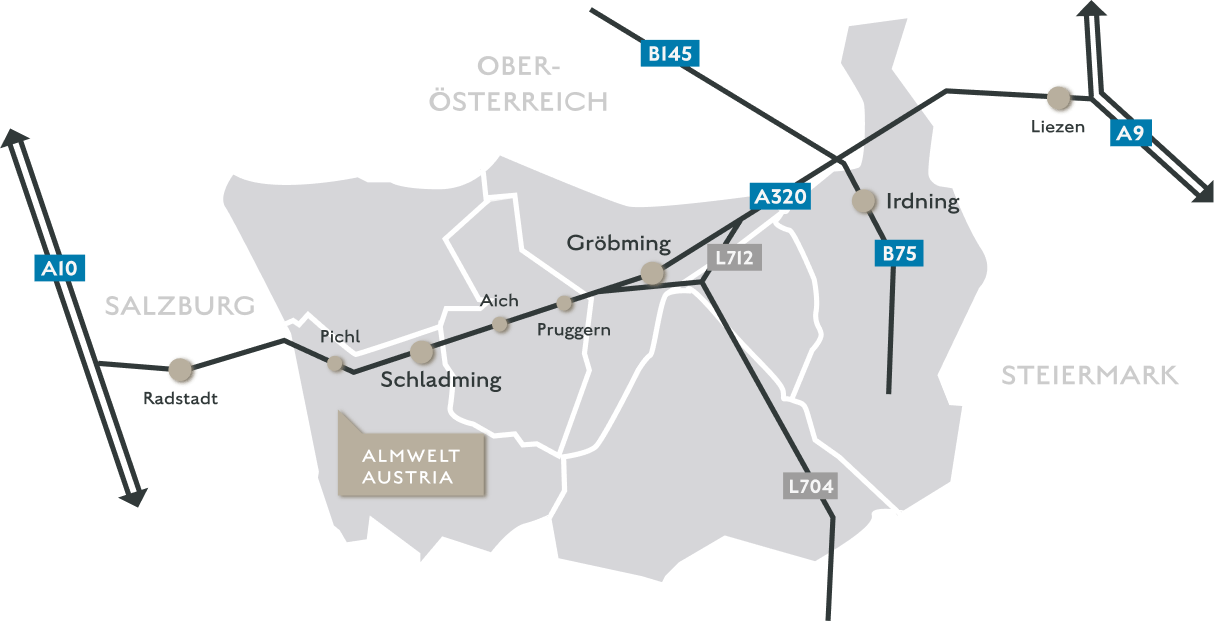 Anreise ins Hüttendorf Almwelt Austria auf der Reiteralm in Pichl Schladming, Steiermark, Österreich
